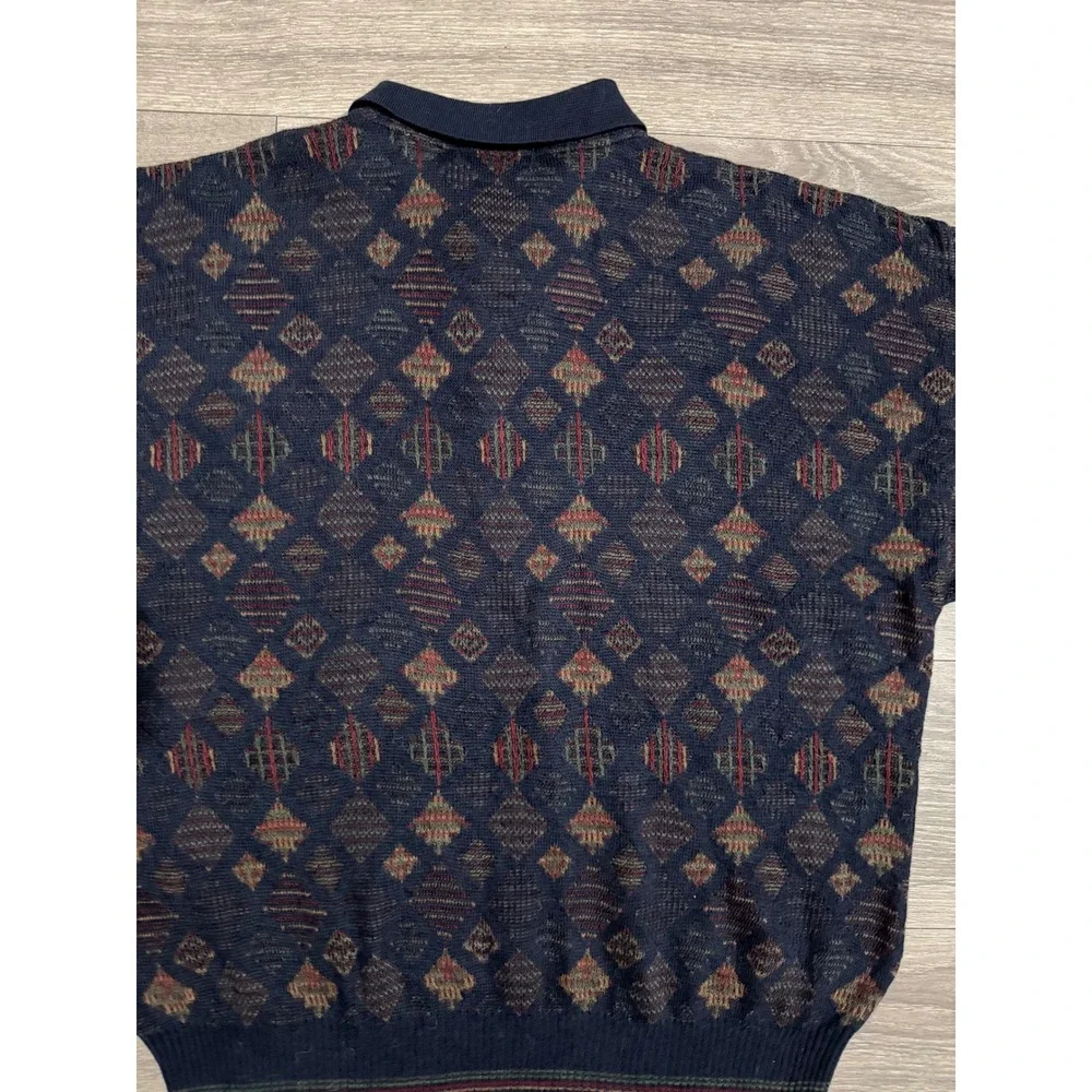 Vintage 80s The Italian Sweater Men L Wool Blend Navy Diamond Knit Polo Sweater